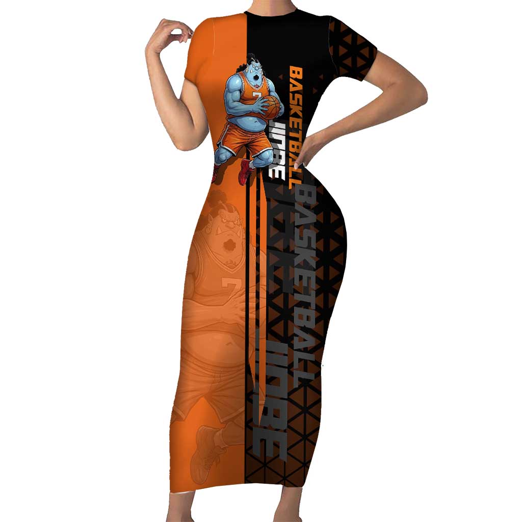 Jinbe One Piece Basketball Theme Orange and Black Design Short Sleeve Bodycon Dress with Powerful Pose and Sun Pirates Emblem - The Mazicc