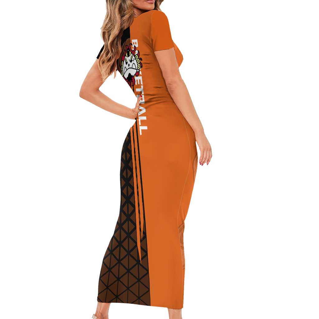 Jinbe One Piece Basketball Theme Orange and Black Design Short Sleeve Bodycon Dress with Powerful Pose and Sun Pirates Emblem - The Mazicc