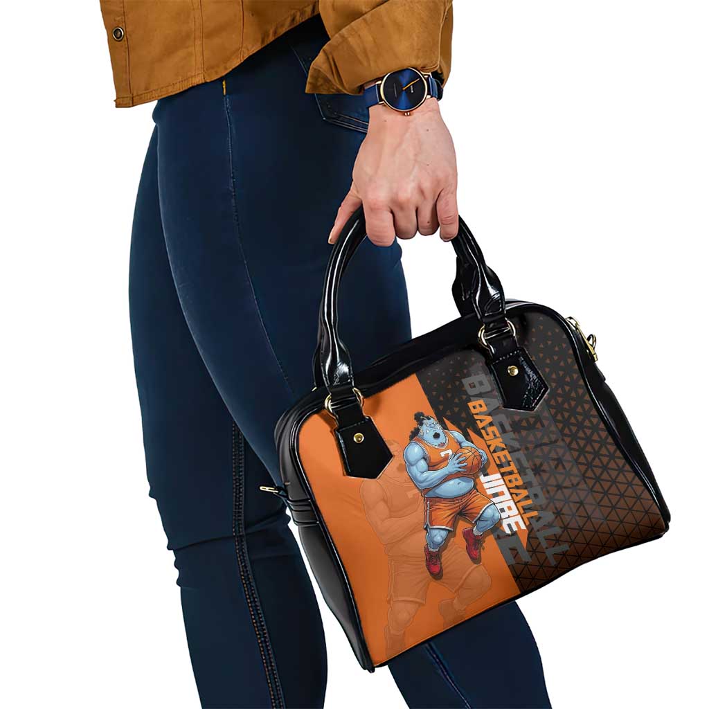 Jinbe One Piece Basketball Theme Orange and Black Design Shoulder Handbag with Powerful Pose and Sun Pirates Emblem - The Mazicc