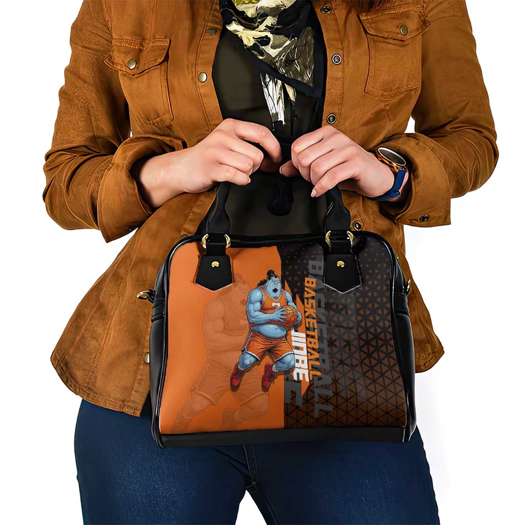 Jinbe One Piece Basketball Theme Orange and Black Design Shoulder Handbag with Powerful Pose and Sun Pirates Emblem - The Mazicc