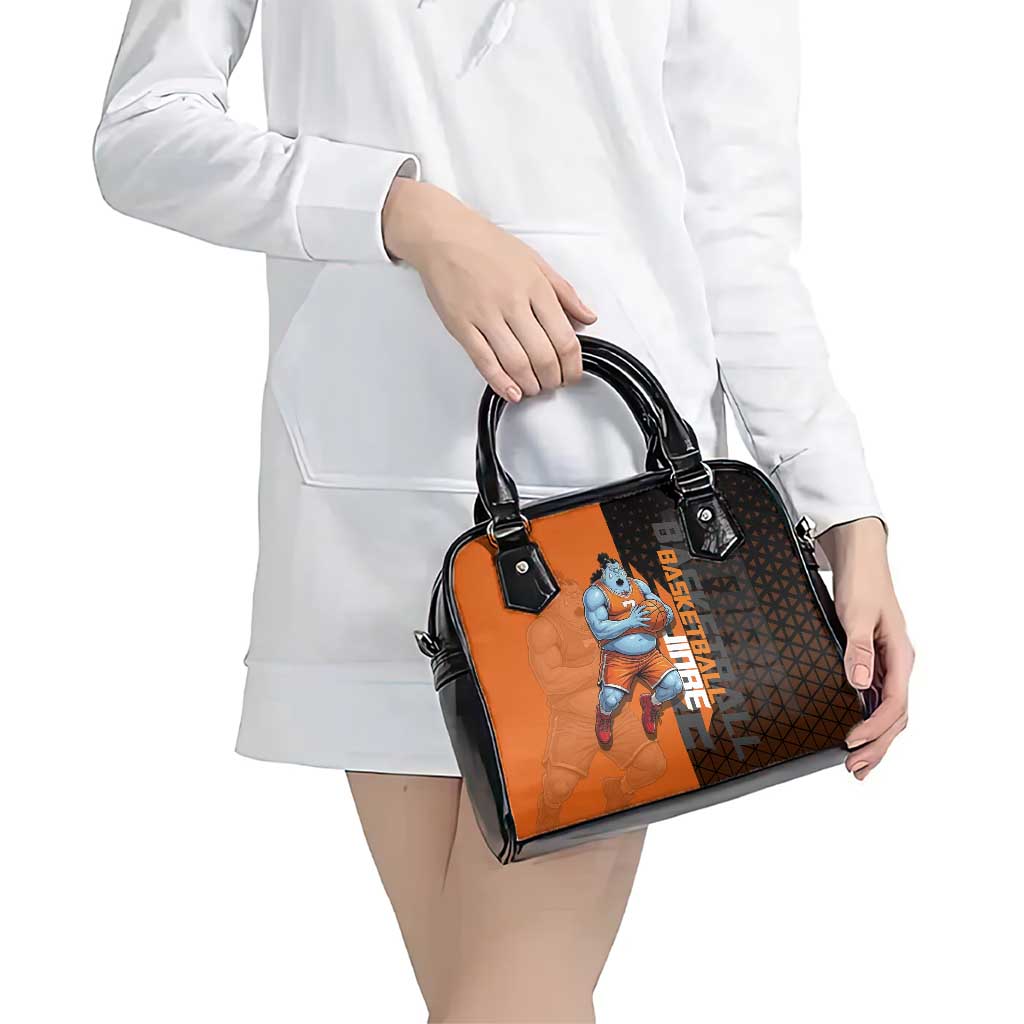 Jinbe One Piece Basketball Theme Orange and Black Design Shoulder Handbag with Powerful Pose and Sun Pirates Emblem - The Mazicc