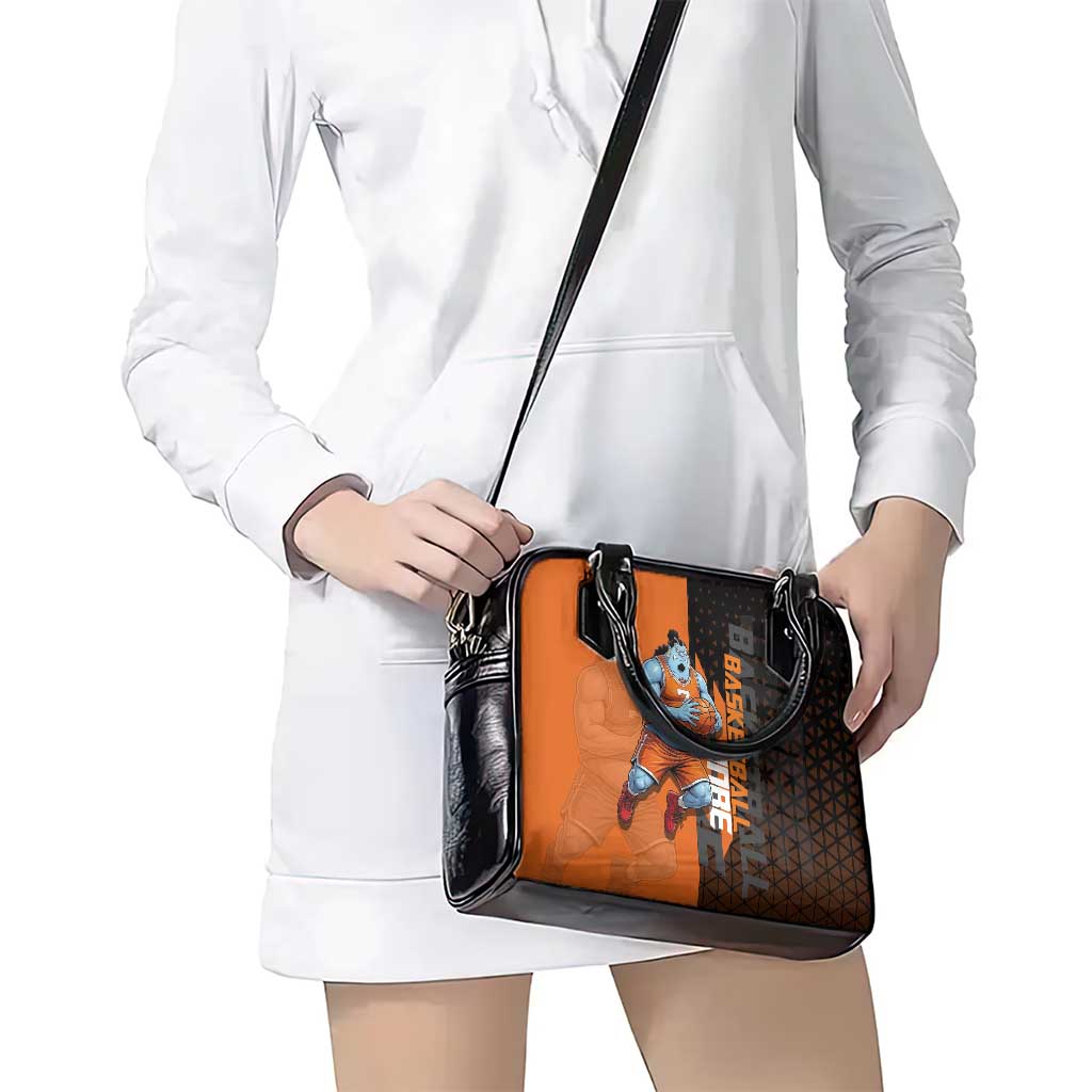 Jinbe One Piece Basketball Theme Orange and Black Design Shoulder Handbag with Powerful Pose and Sun Pirates Emblem - The Mazicc