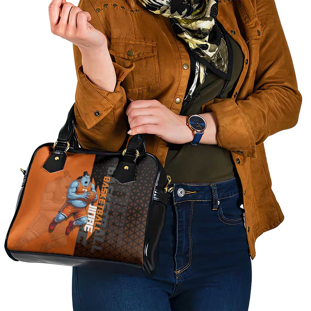 Jinbe One Piece Basketball Theme Orange and Black Design Shoulder Handbag with Powerful Pose and Sun Pirates Emblem - The Mazicc
