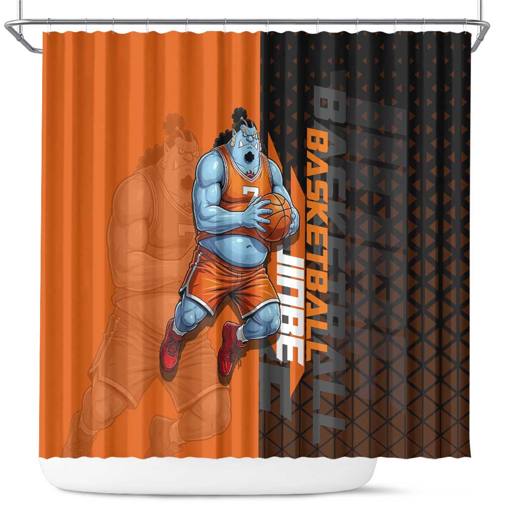 Jinbe One Piece Basketball Theme Orange and Black Design Shower Curtain with Powerful Pose and Sun Pirates Emblem - The Mazicc