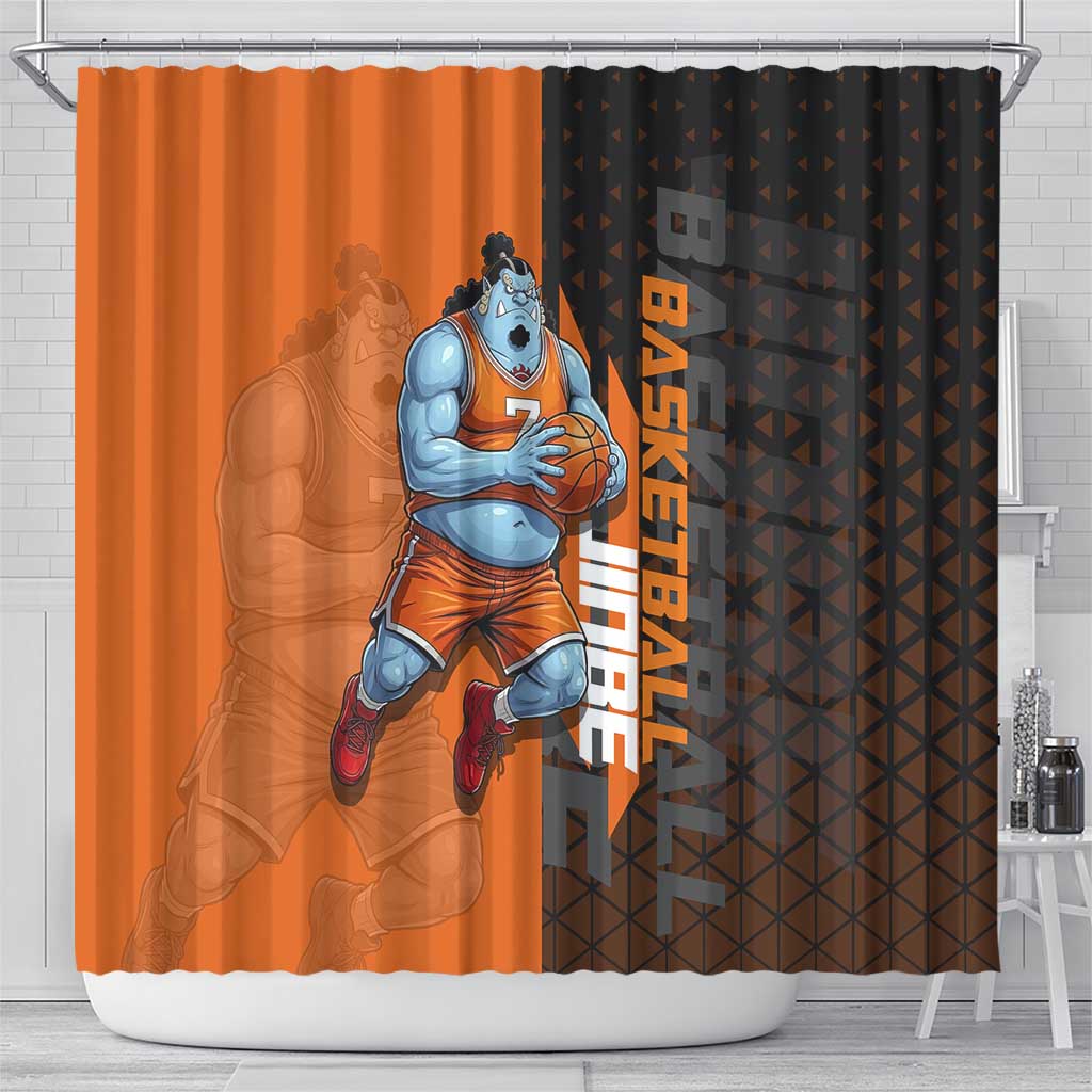Jinbe One Piece Basketball Theme Orange and Black Design Shower Curtain with Powerful Pose and Sun Pirates Emblem - The Mazicc