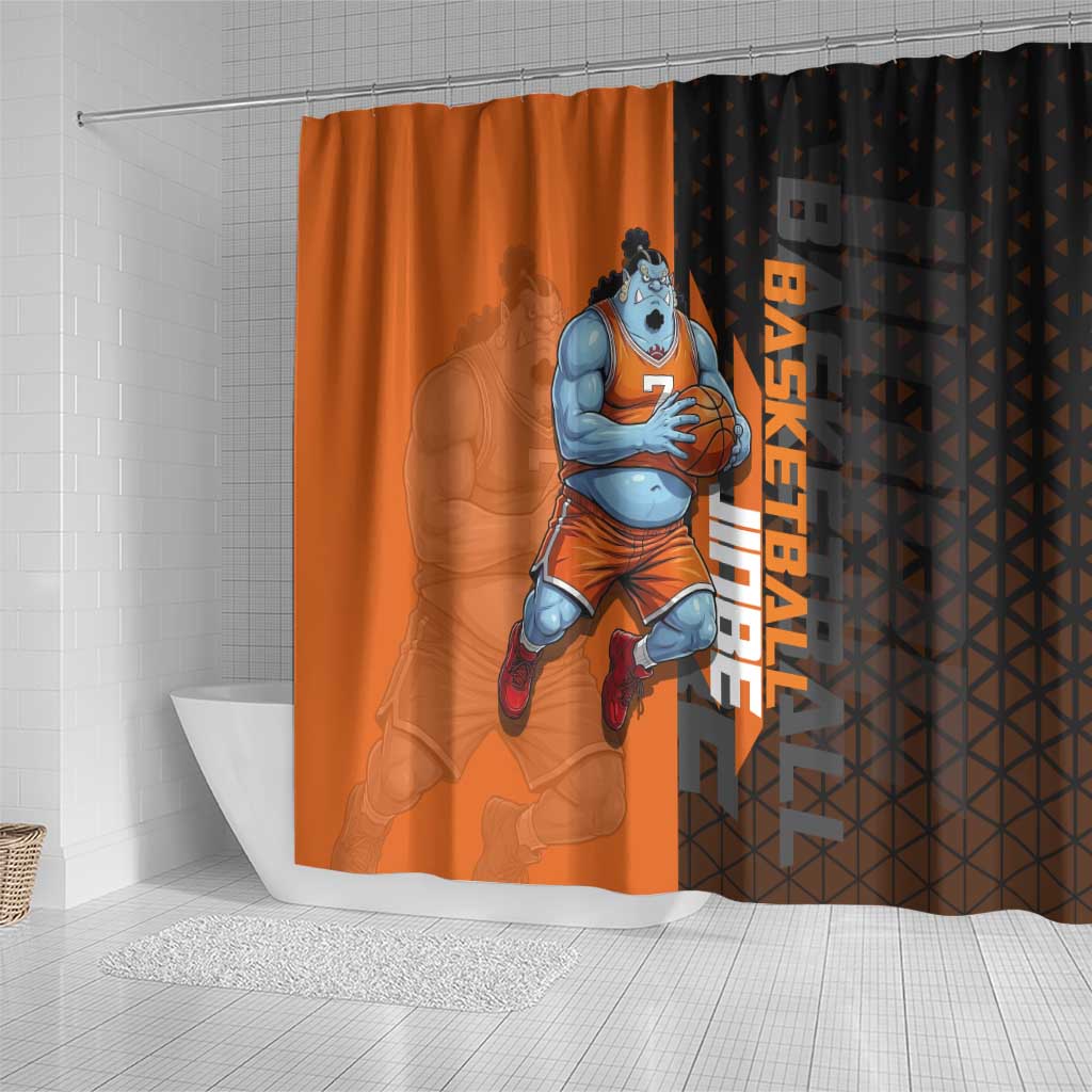 Jinbe One Piece Basketball Theme Orange and Black Design Shower Curtain with Powerful Pose and Sun Pirates Emblem - The Mazicc
