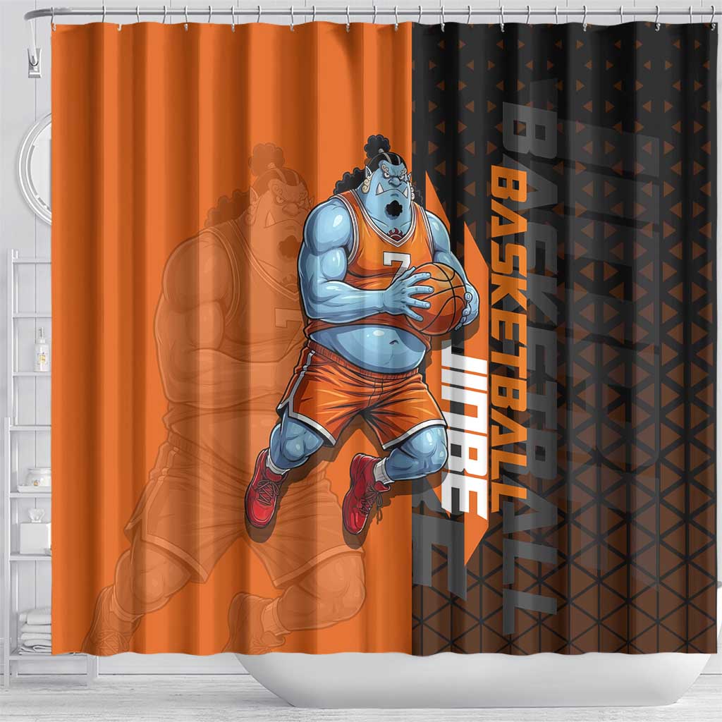Jinbe One Piece Basketball Theme Orange and Black Design Shower Curtain with Powerful Pose and Sun Pirates Emblem - The Mazicc
