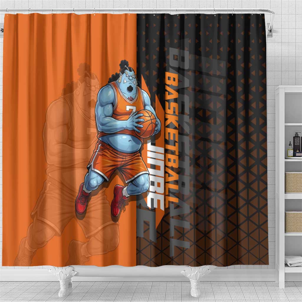 Jinbe One Piece Basketball Theme Orange and Black Design Shower Curtain with Powerful Pose and Sun Pirates Emblem - The Mazicc