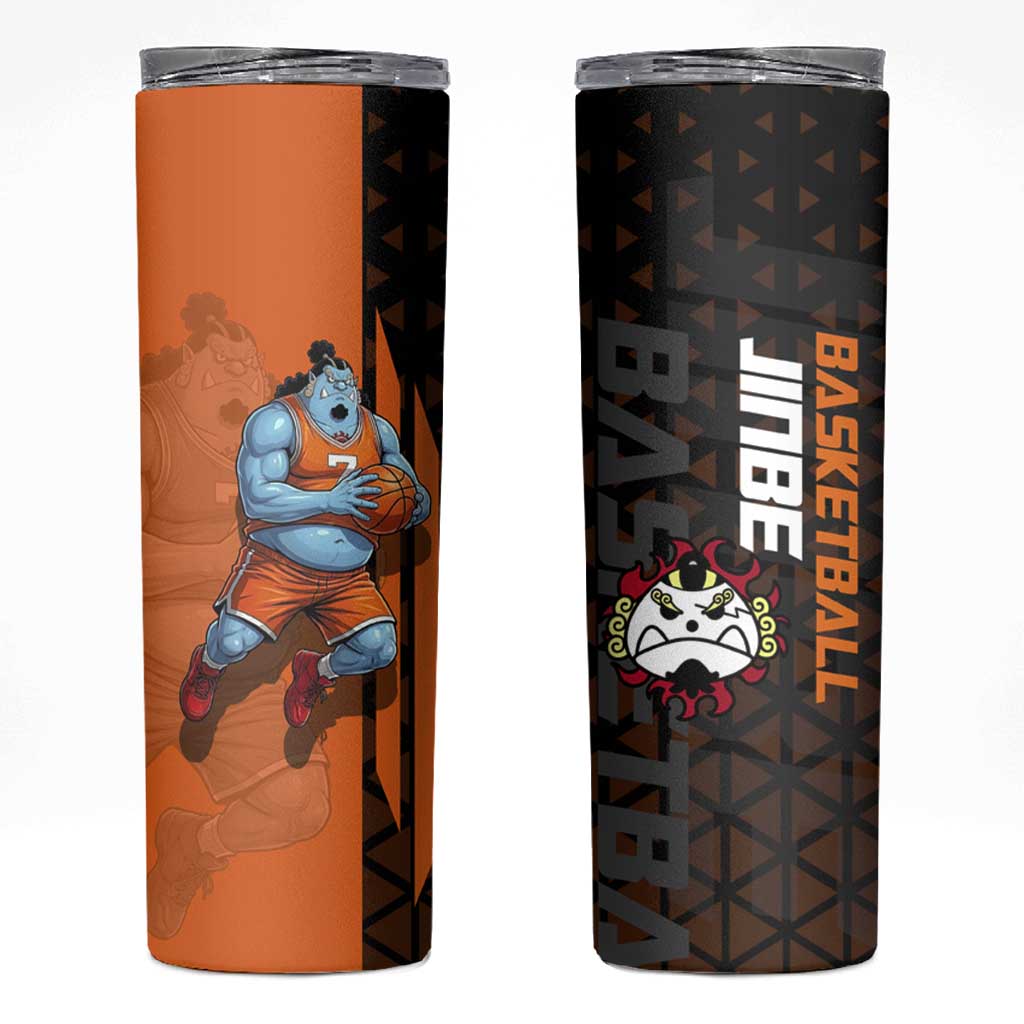 Jinbe One Piece Basketball Theme Orange and Black Design Skinny Tumbler with Powerful Pose and Sun Pirates Emblem - The Mazicc