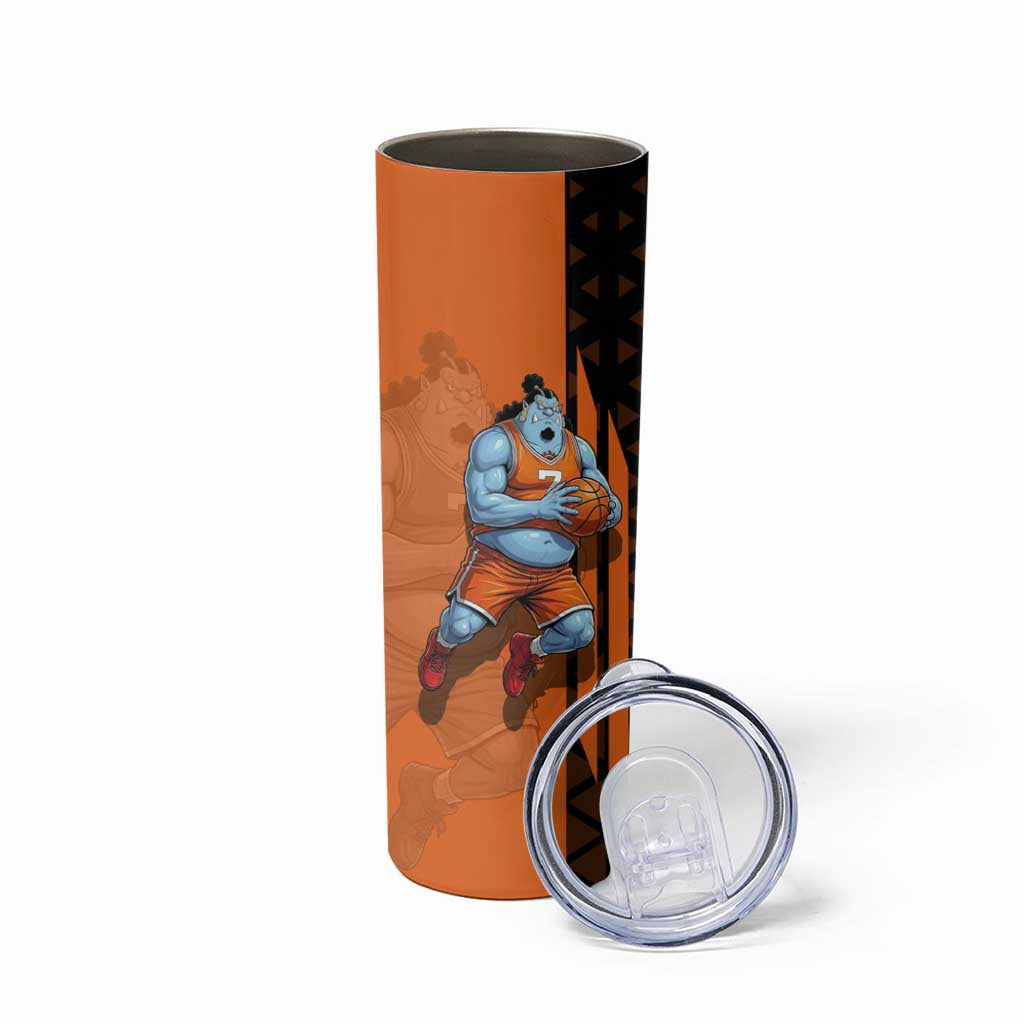 Jinbe One Piece Basketball Theme Orange and Black Design Skinny Tumbler with Powerful Pose and Sun Pirates Emblem - The Mazicc