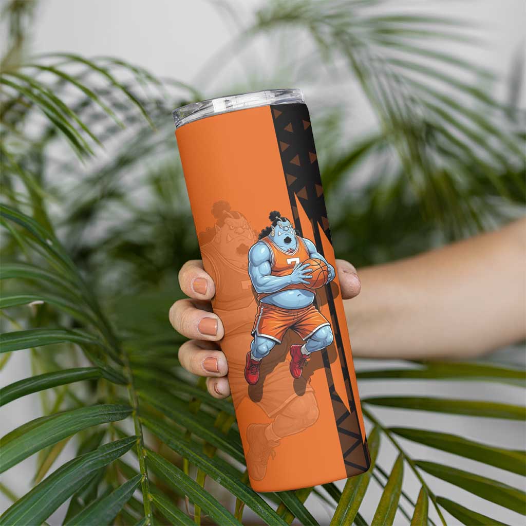Jinbe One Piece Basketball Theme Orange and Black Design Skinny Tumbler with Powerful Pose and Sun Pirates Emblem - The Mazicc