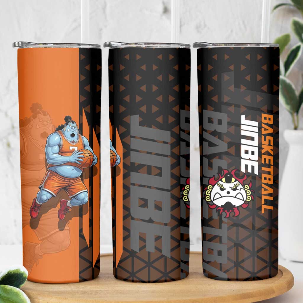 Jinbe One Piece Basketball Theme Orange and Black Design Skinny Tumbler with Powerful Pose and Sun Pirates Emblem - The Mazicc