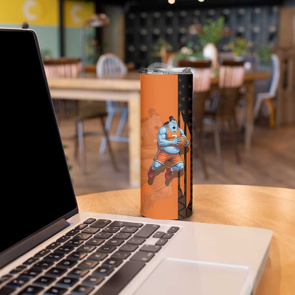 Jinbe One Piece Basketball Theme Orange and Black Design Skinny Tumbler with Powerful Pose and Sun Pirates Emblem - The Mazicc