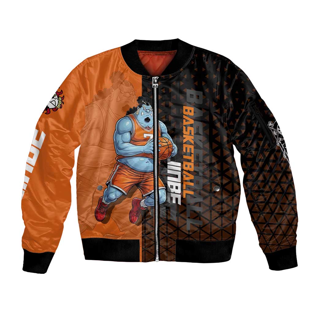 Jinbe One Piece Basketball Theme Orange and Black Design Sleeve Zip Bomber Jacket with Powerful Pose and Sun Pirates Emblem - The Mazicc