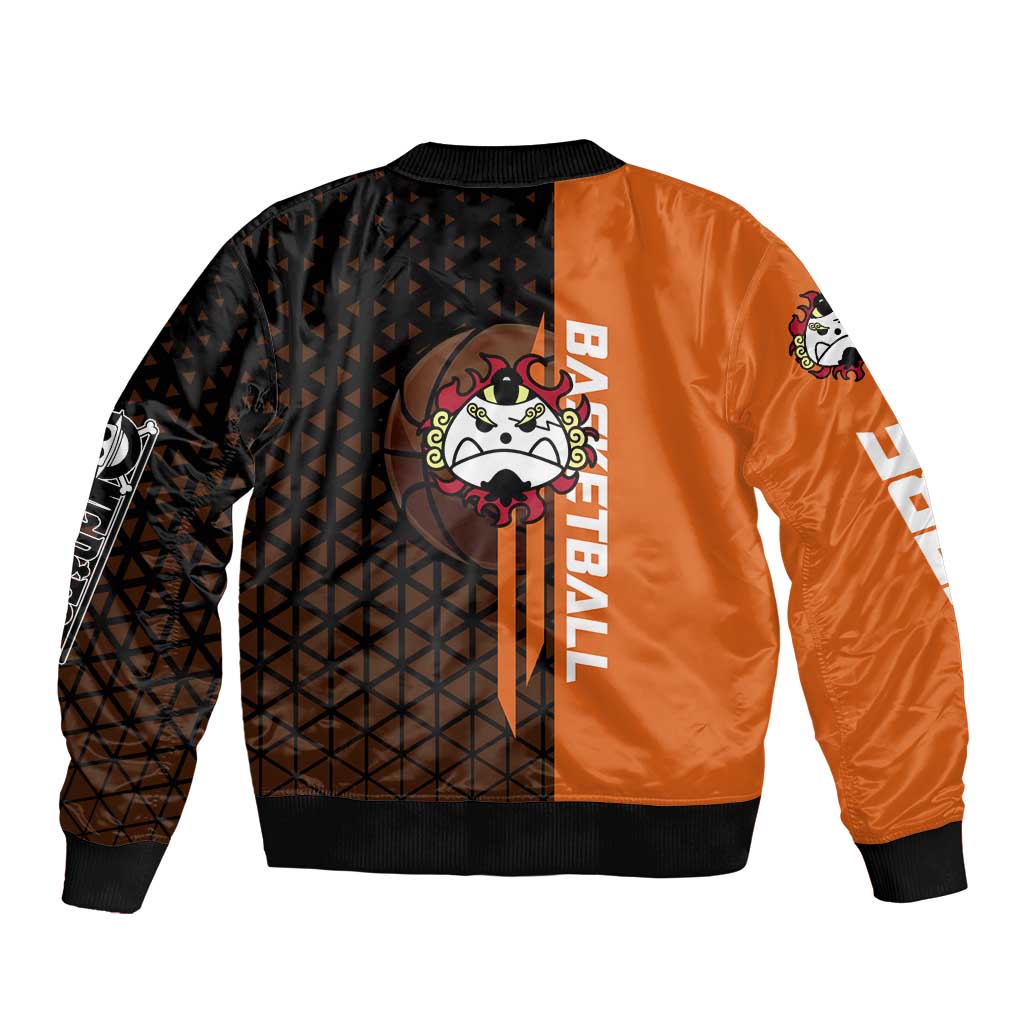 Jinbe One Piece Basketball Theme Orange and Black Design Sleeve Zip Bomber Jacket with Powerful Pose and Sun Pirates Emblem - The Mazicc