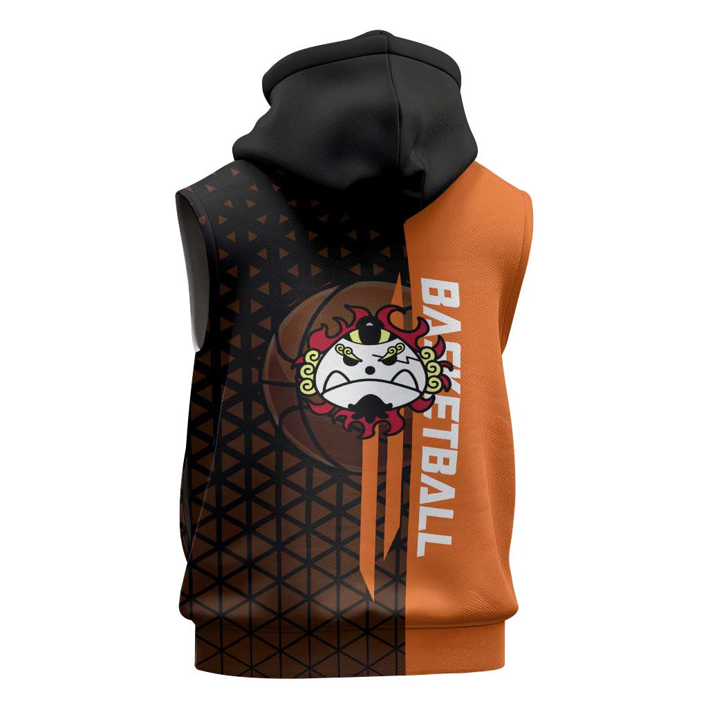 Jinbe One Piece Basketball Theme Orange and Black Design Sleeveless Hoodie with Powerful Pose and Sun Pirates Emblem - The Mazicc