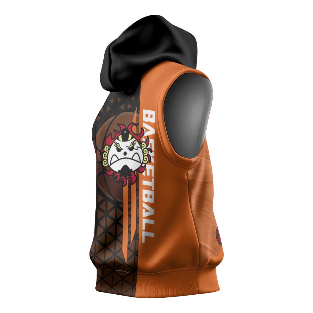 Jinbe One Piece Basketball Theme Orange and Black Design Sleeveless Hoodie with Powerful Pose and Sun Pirates Emblem - The Mazicc