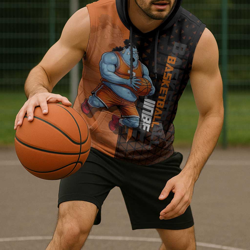 Jinbe One Piece Basketball Theme Orange and Black Design Sleeveless Hoodie with Powerful Pose and Sun Pirates Emblem - The Mazicc