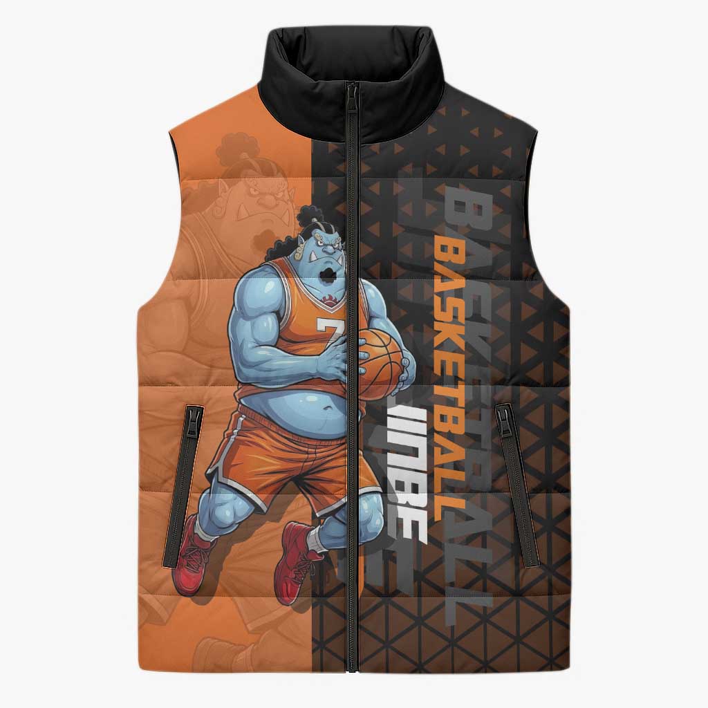 Jinbe One Piece Basketball Theme Orange and Black Design Sleeveless Puffer Jacket with Powerful Pose and Sun Pirates Emblem - The Mazicc