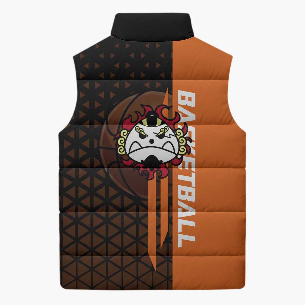 Jinbe One Piece Basketball Theme Orange and Black Design Sleeveless Puffer Jacket with Powerful Pose and Sun Pirates Emblem - The Mazicc