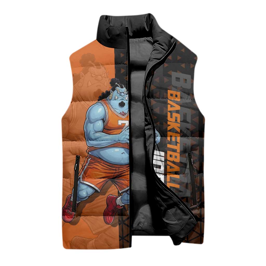 Jinbe One Piece Basketball Theme Orange and Black Design Sleeveless Puffer Jacket with Powerful Pose and Sun Pirates Emblem - The Mazicc