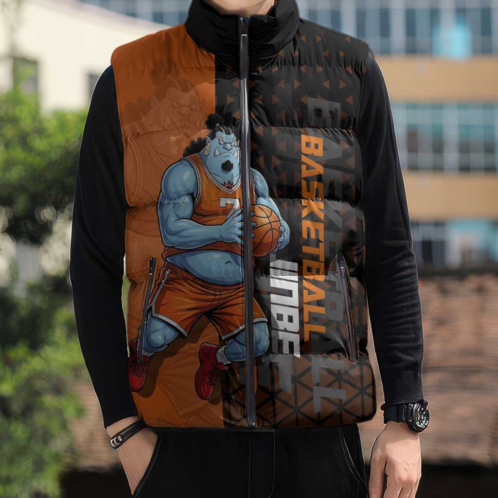 Jinbe One Piece Basketball Theme Orange and Black Design Sleeveless Puffer Jacket with Powerful Pose and Sun Pirates Emblem - The Mazicc