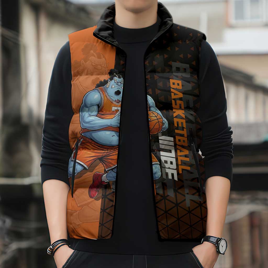 Jinbe One Piece Basketball Theme Orange and Black Design Sleeveless Puffer Jacket with Powerful Pose and Sun Pirates Emblem - The Mazicc