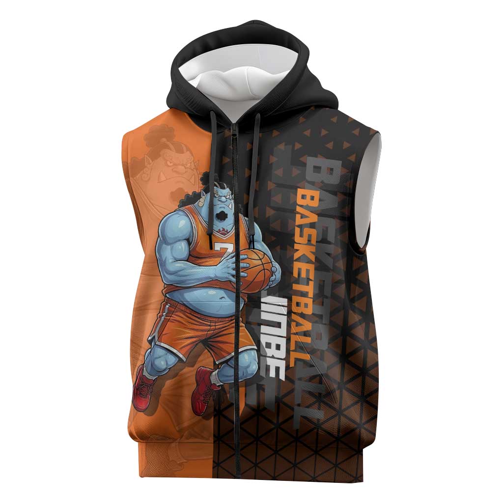 Jinbe One Piece Basketball Theme Orange and Black Design Sleeveless Zip Hoodie with Powerful Pose and Sun Pirates Emblem - The Mazicc