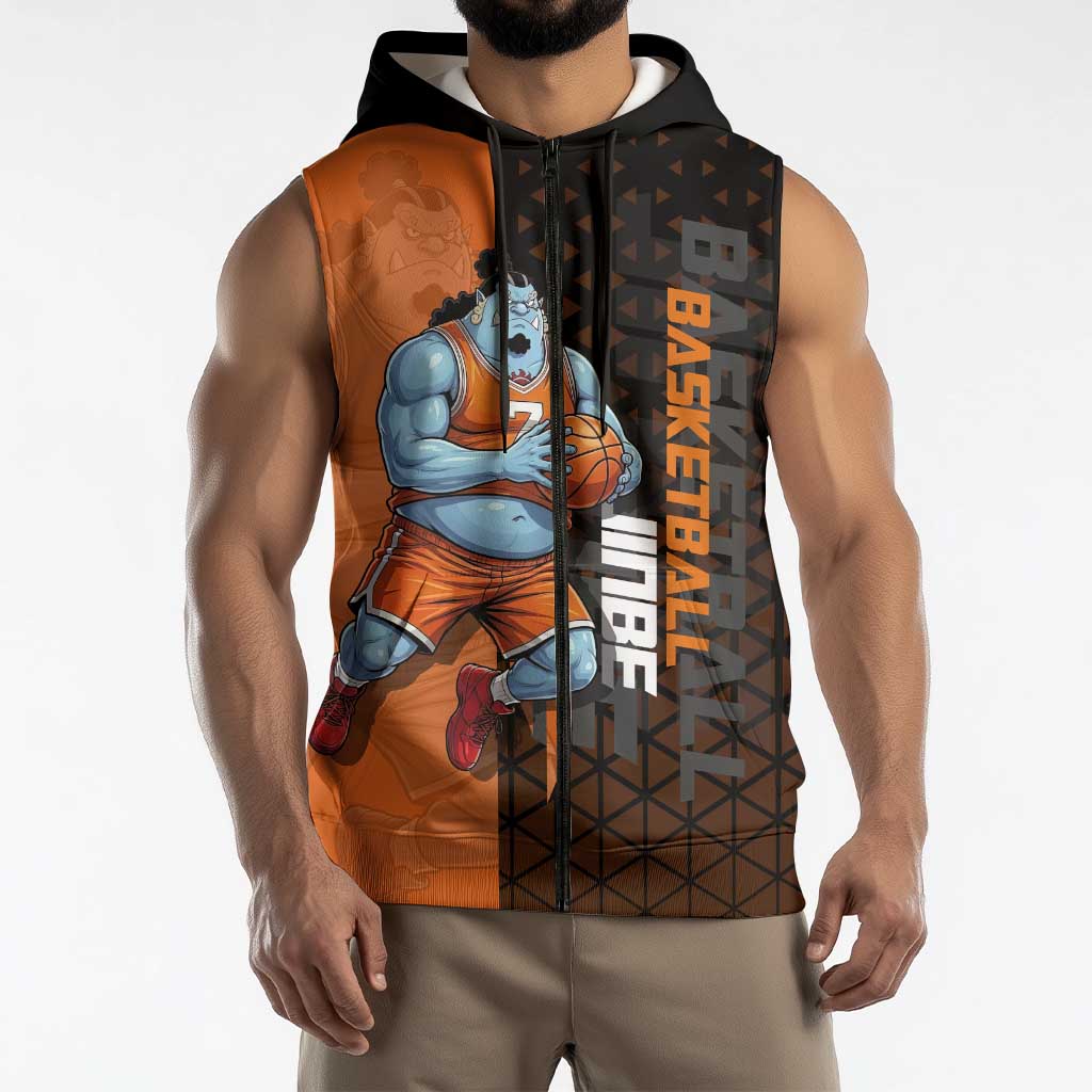 Jinbe One Piece Basketball Theme Orange and Black Design Sleeveless Zip Hoodie with Powerful Pose and Sun Pirates Emblem - The Mazicc