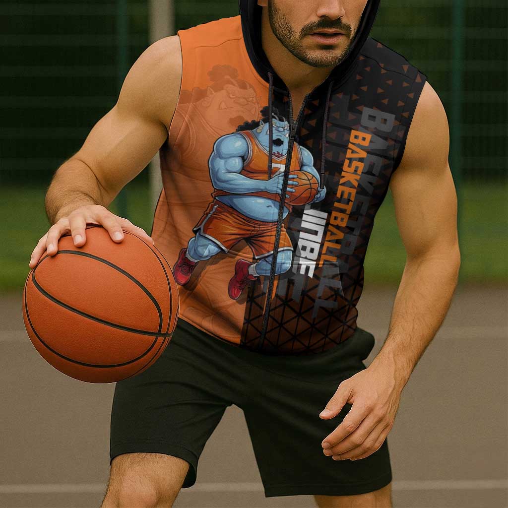 Jinbe One Piece Basketball Theme Orange and Black Design Sleeveless Zip Hoodie with Powerful Pose and Sun Pirates Emblem - The Mazicc