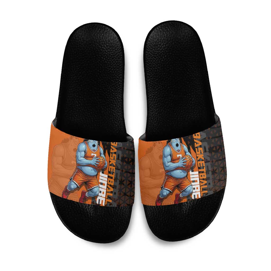 Jinbe One Piece Basketball Theme Orange and Black Design Slide Sandals with Powerful Pose and Sun Pirates Emblem - The Mazicc
