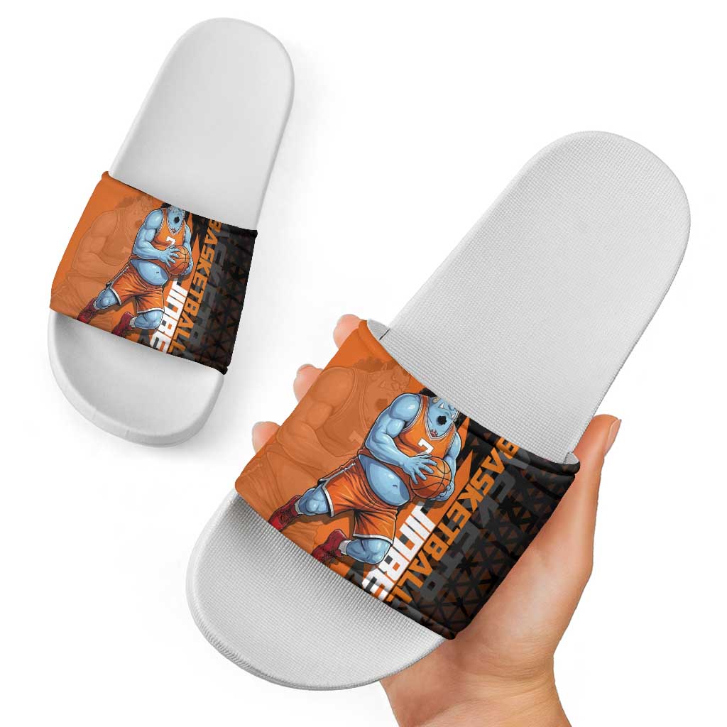 Jinbe One Piece Basketball Theme Orange and Black Design Slide Sandals with Powerful Pose and Sun Pirates Emblem - The Mazicc