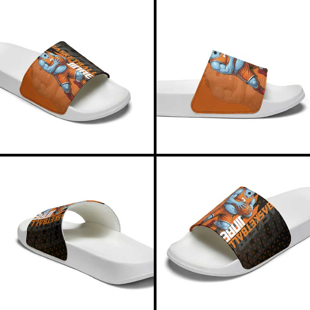Jinbe One Piece Basketball Theme Orange and Black Design Slide Sandals with Powerful Pose and Sun Pirates Emblem - The Mazicc
