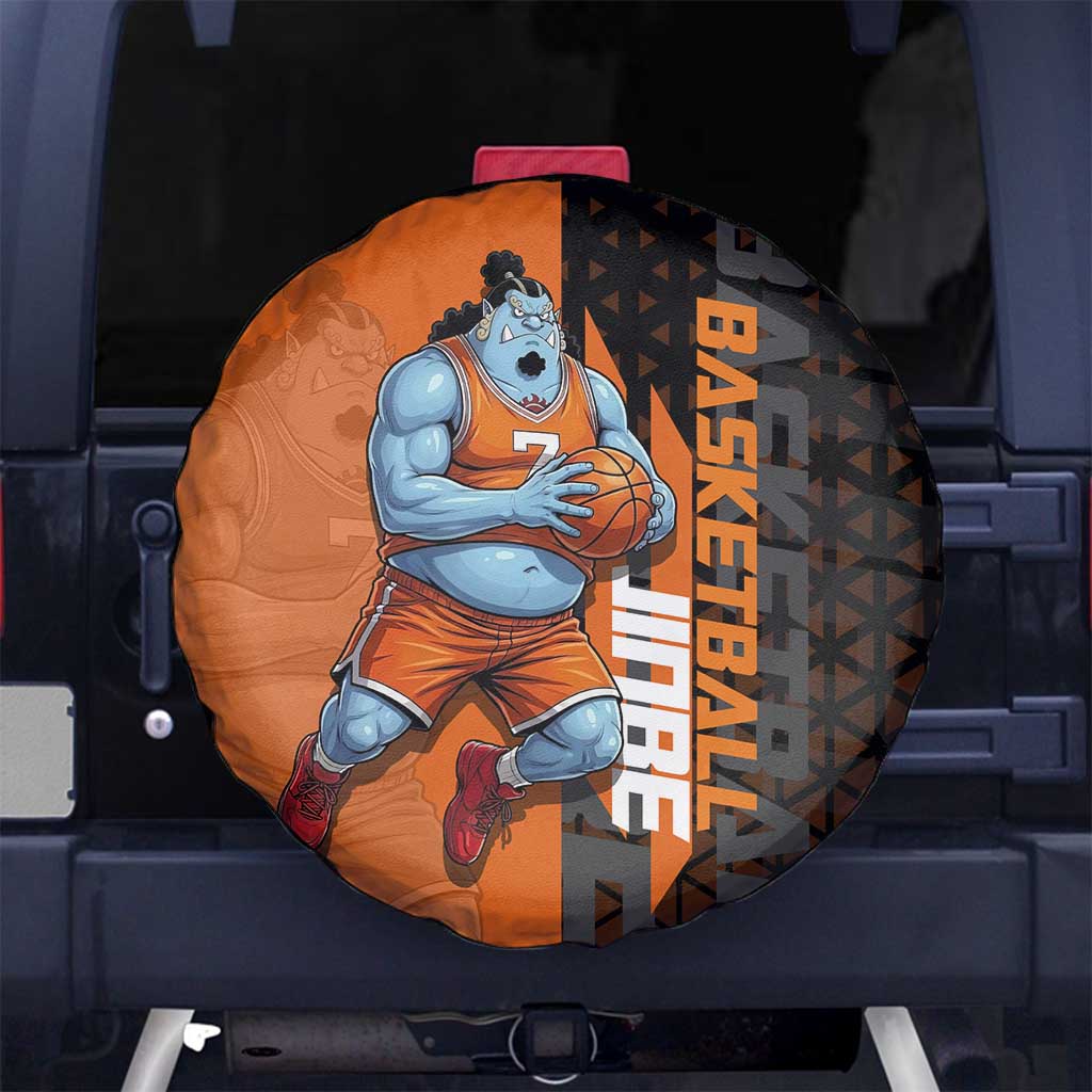 Jinbe One Piece Basketball Theme Orange and Black Design Spare Tire Cover with Powerful Pose and Sun Pirates Emblem - The Mazicc