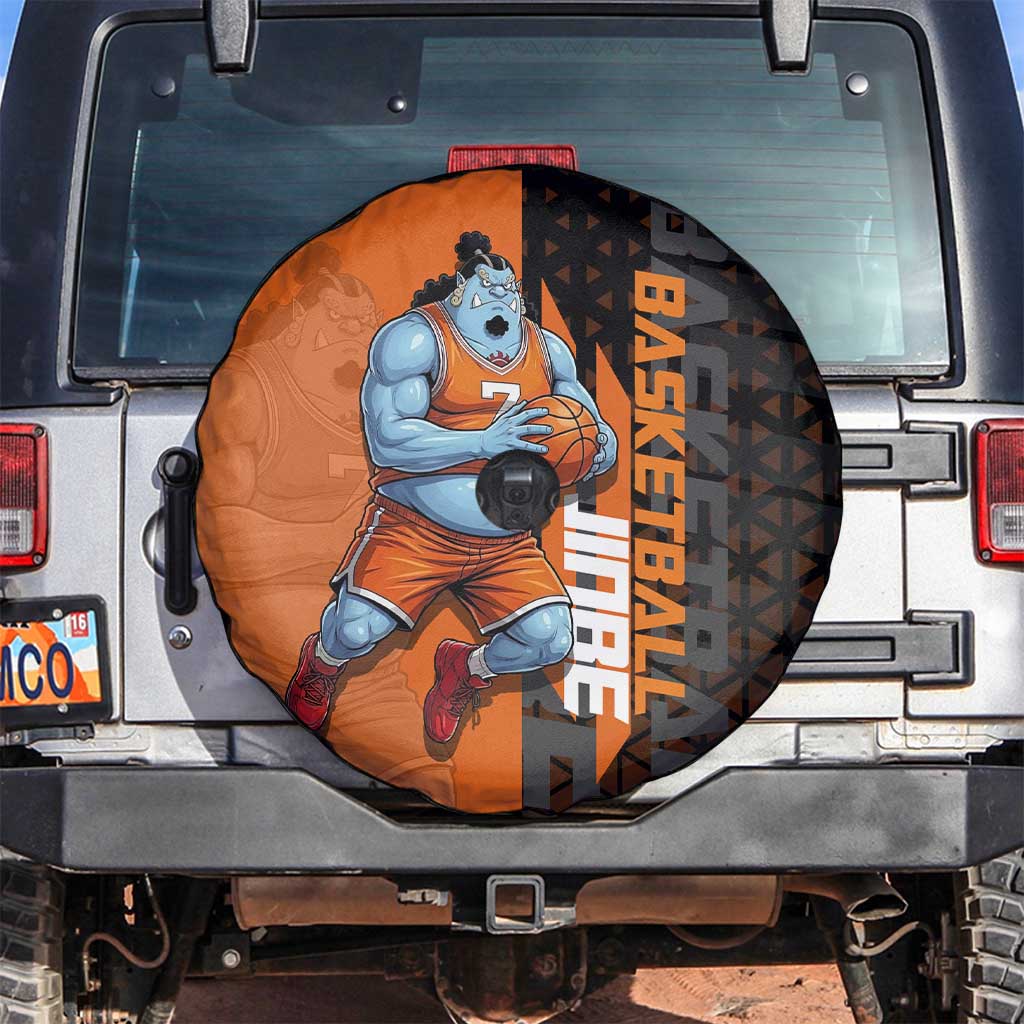 Jinbe One Piece Basketball Theme Orange and Black Design Spare Tire Cover with Powerful Pose and Sun Pirates Emblem - The Mazicc