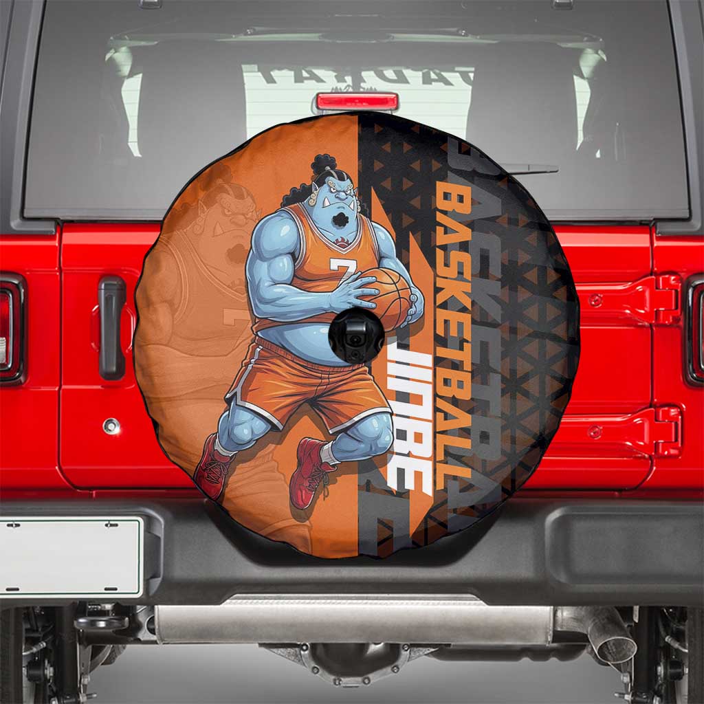 Jinbe One Piece Basketball Theme Orange and Black Design Spare Tire Cover with Powerful Pose and Sun Pirates Emblem - The Mazicc