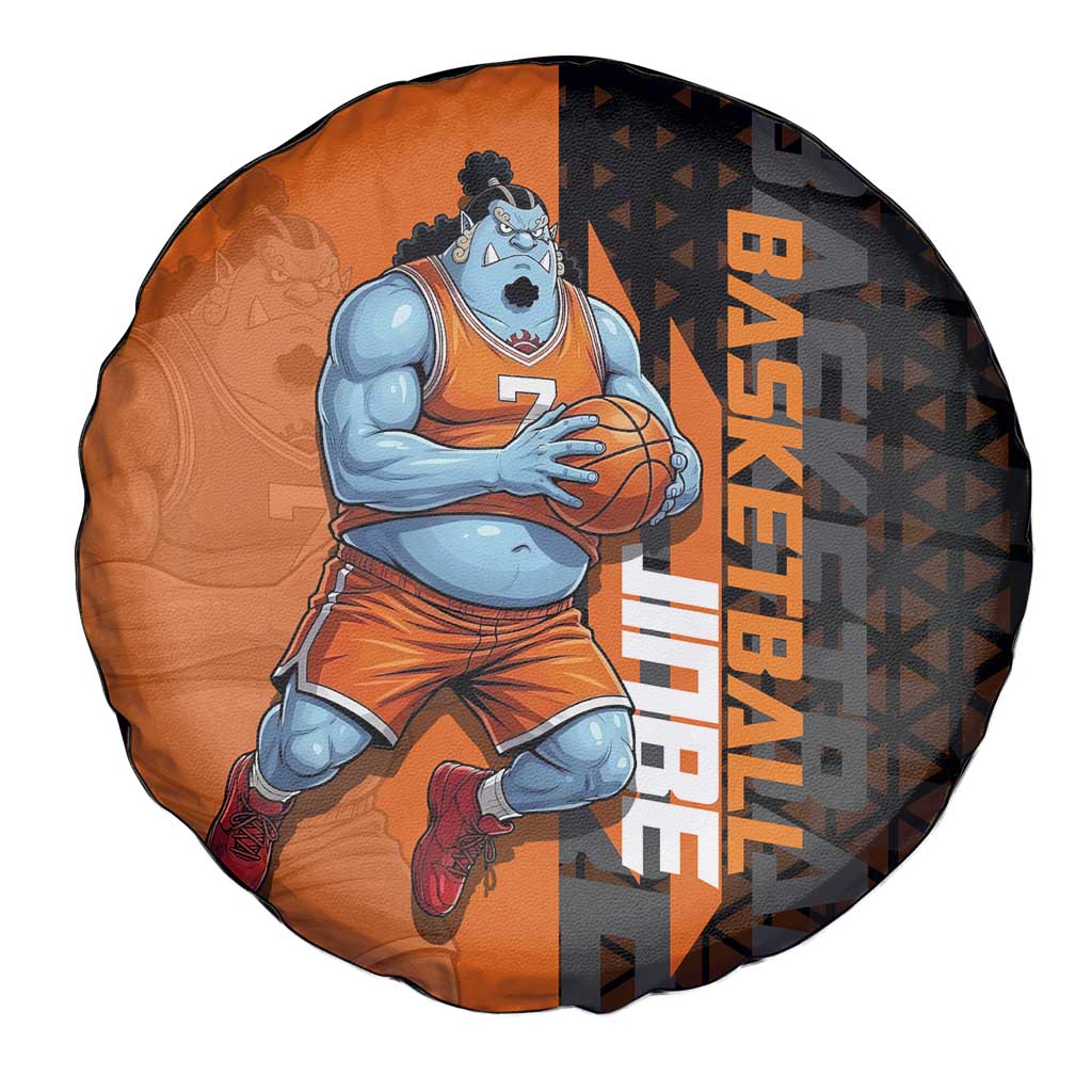 Jinbe One Piece Basketball Theme Orange and Black Design Spare Tire Cover with Powerful Pose and Sun Pirates Emblem - The Mazicc