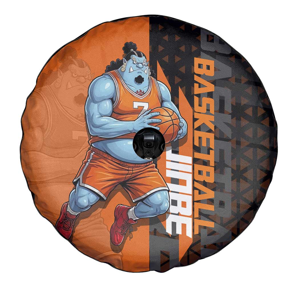 Jinbe One Piece Basketball Theme Orange and Black Design Spare Tire Cover with Powerful Pose and Sun Pirates Emblem - The Mazicc