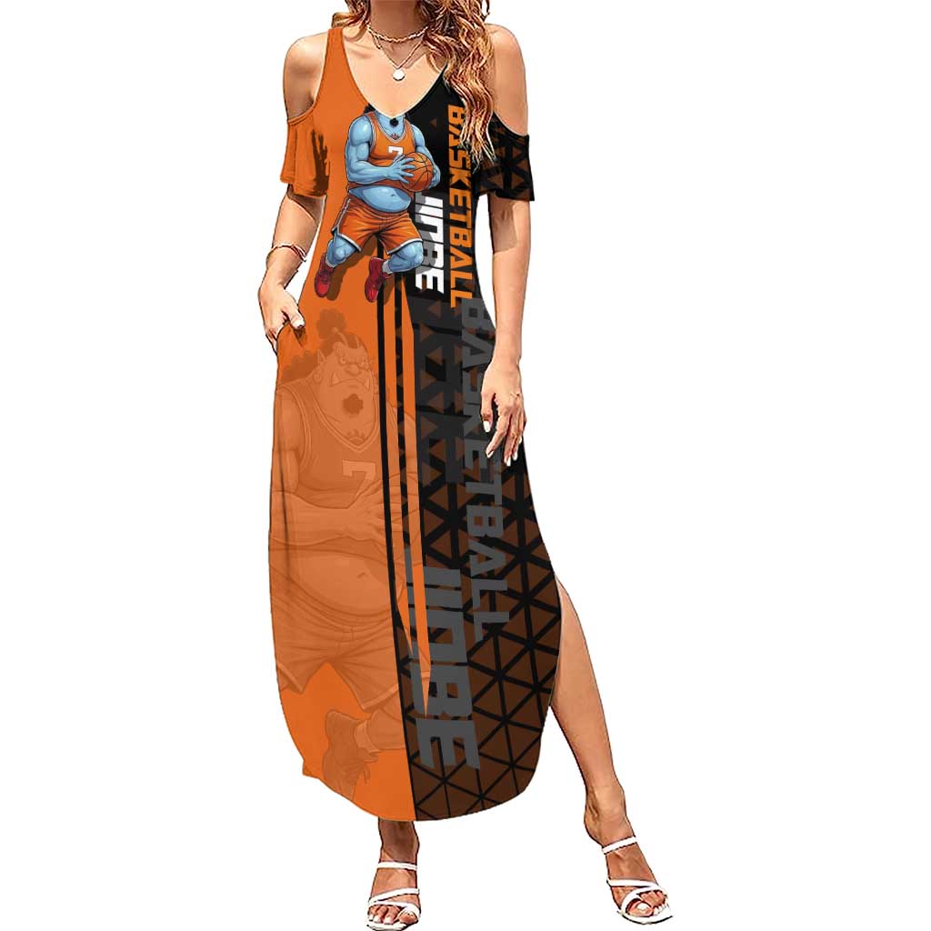 Jinbe One Piece Basketball Theme Orange and Black Design Summer Maxi Dress with Powerful Pose and Sun Pirates Emblem - The Mazicc