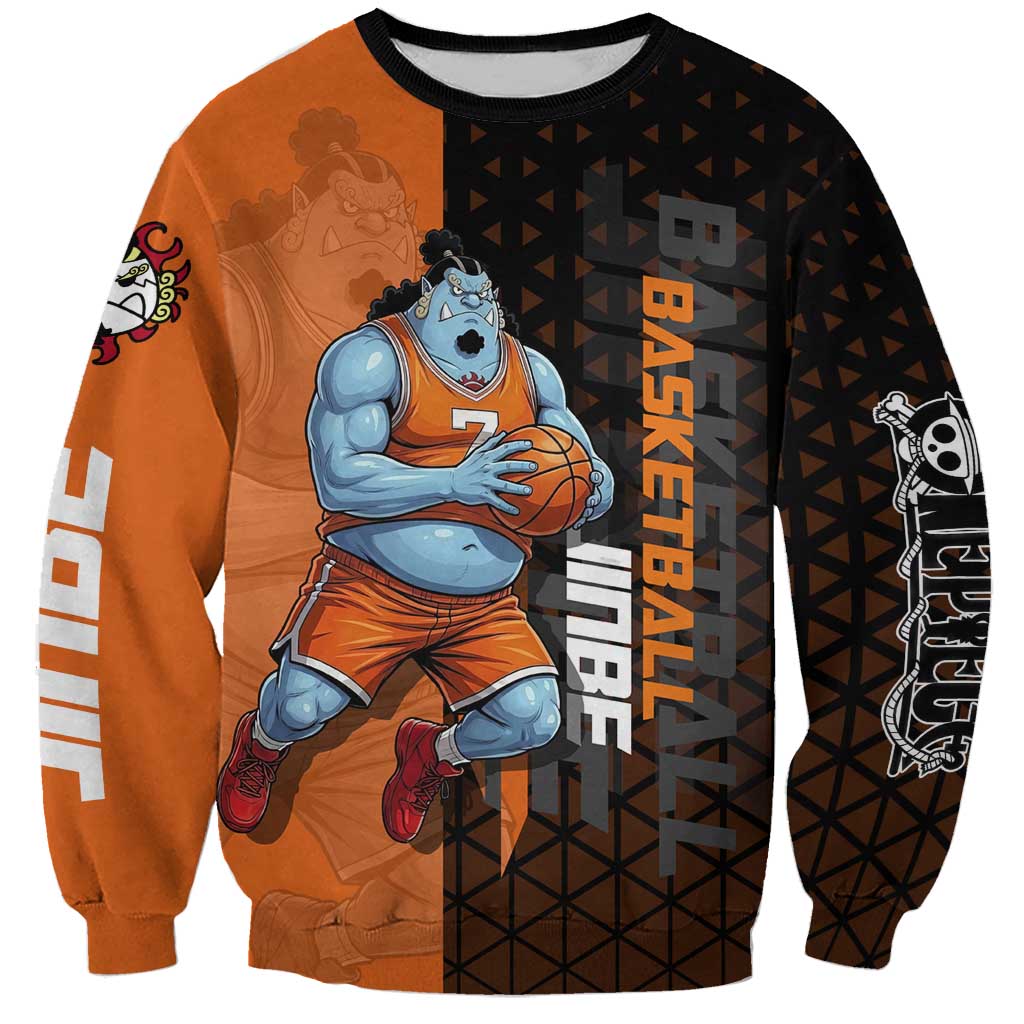 Jinbe One Piece Basketball Theme Orange and Black Design Sweatshirt with Powerful Pose and Sun Pirates Emblem - The Mazicc