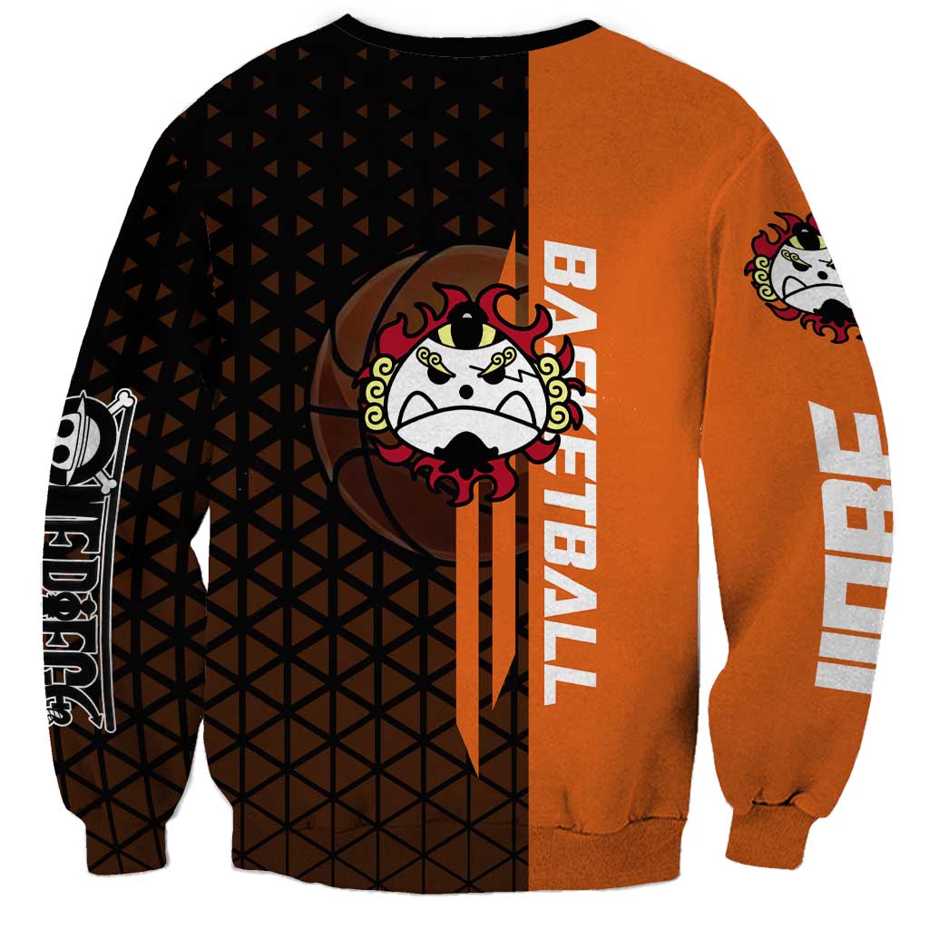 Jinbe One Piece Basketball Theme Orange and Black Design Sweatshirt with Powerful Pose and Sun Pirates Emblem - The Mazicc