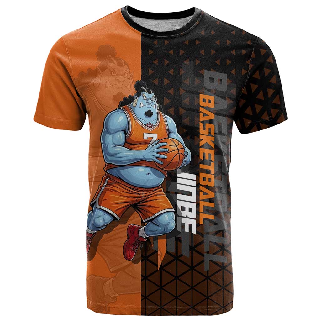 Jinbe One Piece Basketball Theme Orange and Black Design T Shirt with Powerful Pose and Sun Pirates Emblem - The Mazicc
