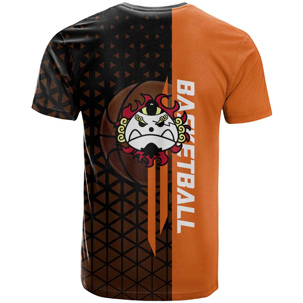 Jinbe One Piece Basketball Theme Orange and Black Design T Shirt with Powerful Pose and Sun Pirates Emblem - The Mazicc