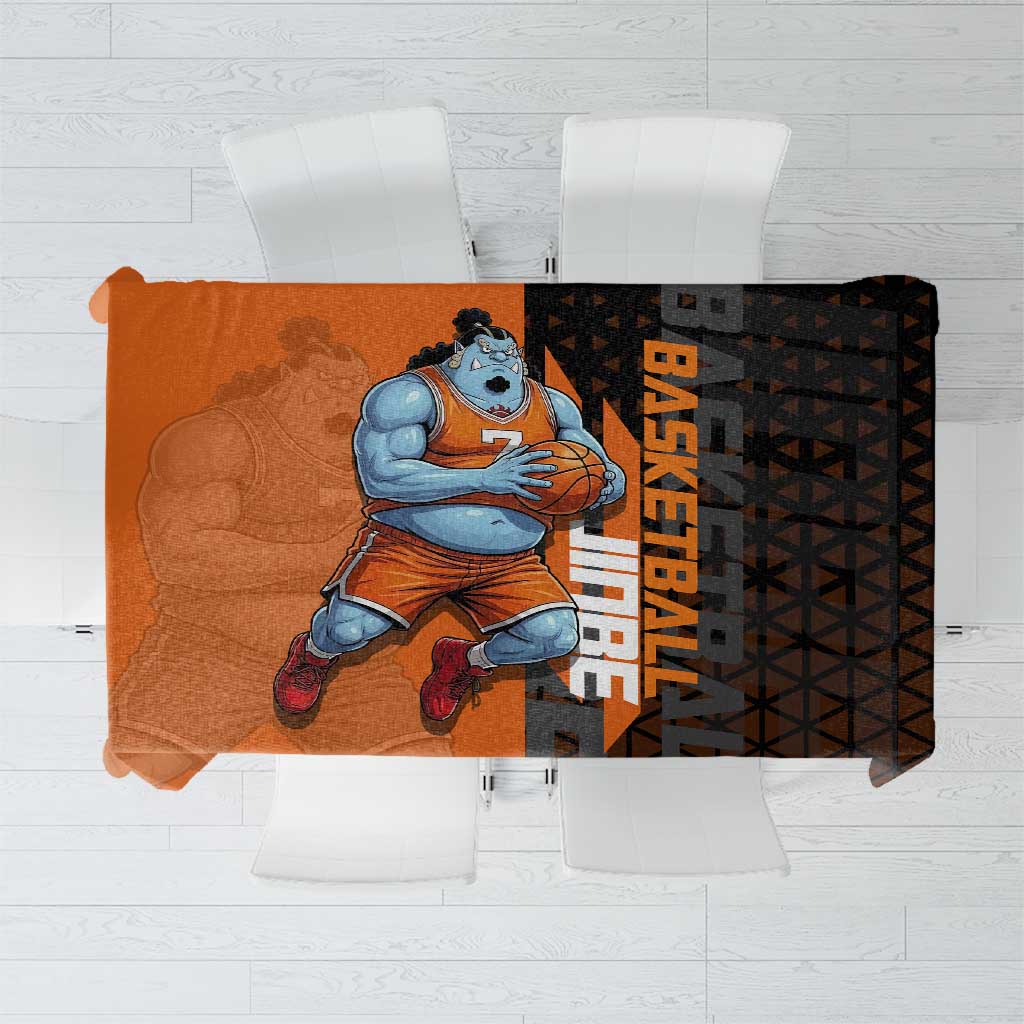 Jinbe One Piece Basketball Theme Orange and Black Design Tablecloth with Powerful Pose and Sun Pirates Emblem - The Mazicc