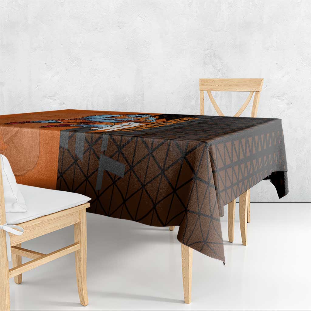 Jinbe One Piece Basketball Theme Orange and Black Design Tablecloth with Powerful Pose and Sun Pirates Emblem - The Mazicc