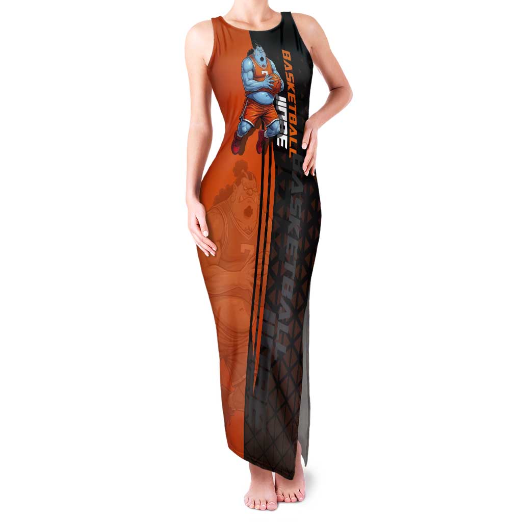 Jinbe One Piece Basketball Theme Orange and Black Design Tank Maxi Dress with Powerful Pose and Sun Pirates Emblem - The Mazicc