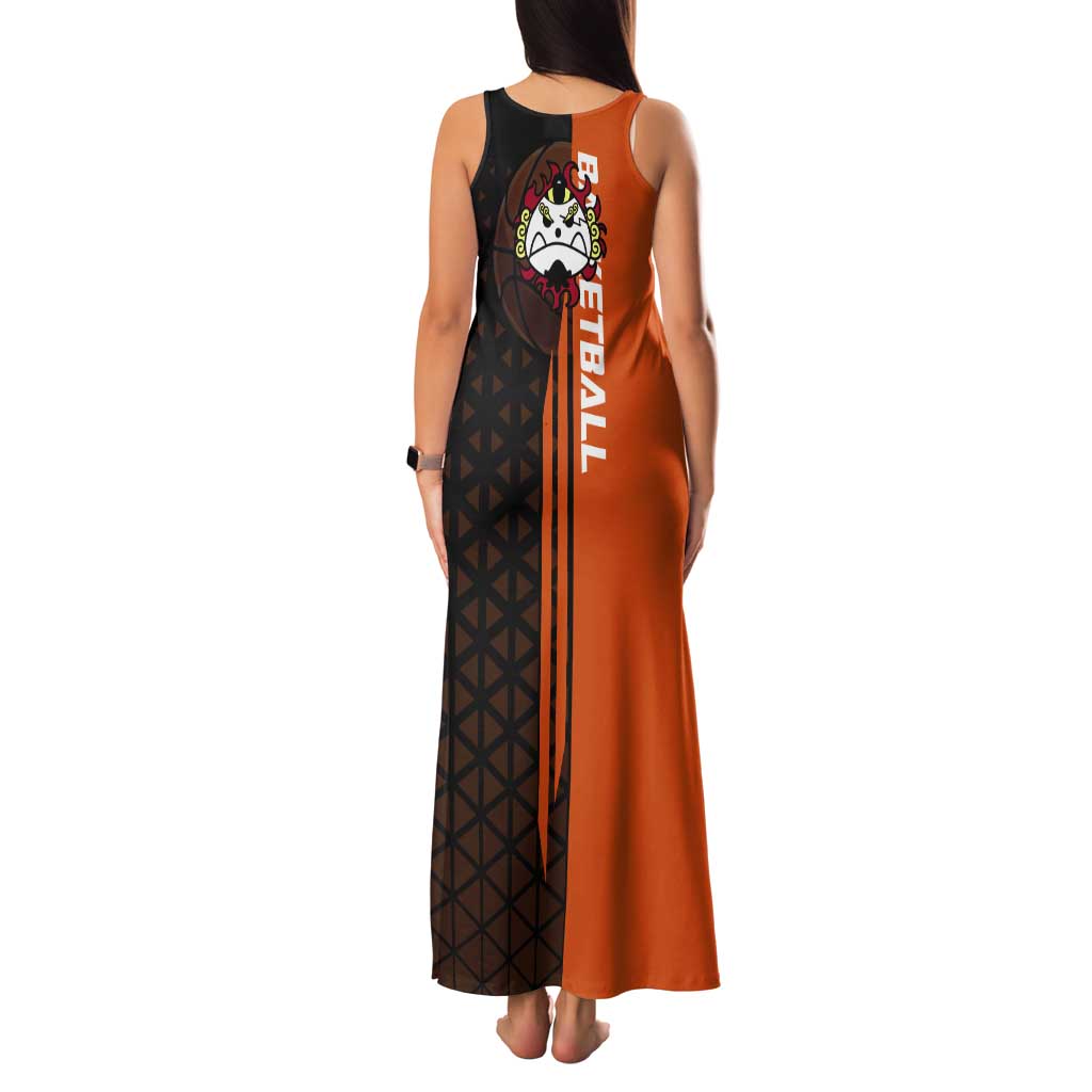 Jinbe One Piece Basketball Theme Orange and Black Design Tank Maxi Dress with Powerful Pose and Sun Pirates Emblem - The Mazicc