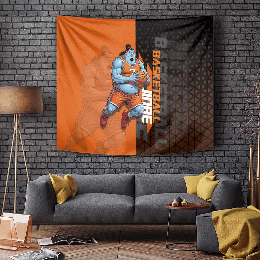 Jinbe One Piece Basketball Theme Orange and Black Design Tapestry with Powerful Pose and Sun Pirates Emblem - The Mazicc