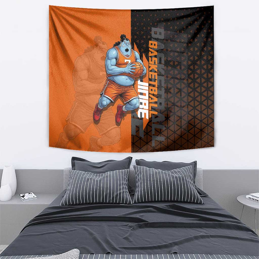 Jinbe One Piece Basketball Theme Orange and Black Design Tapestry with Powerful Pose and Sun Pirates Emblem - The Mazicc