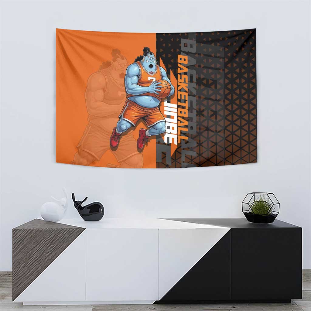 Jinbe One Piece Basketball Theme Orange and Black Design Tapestry with Powerful Pose and Sun Pirates Emblem - The Mazicc